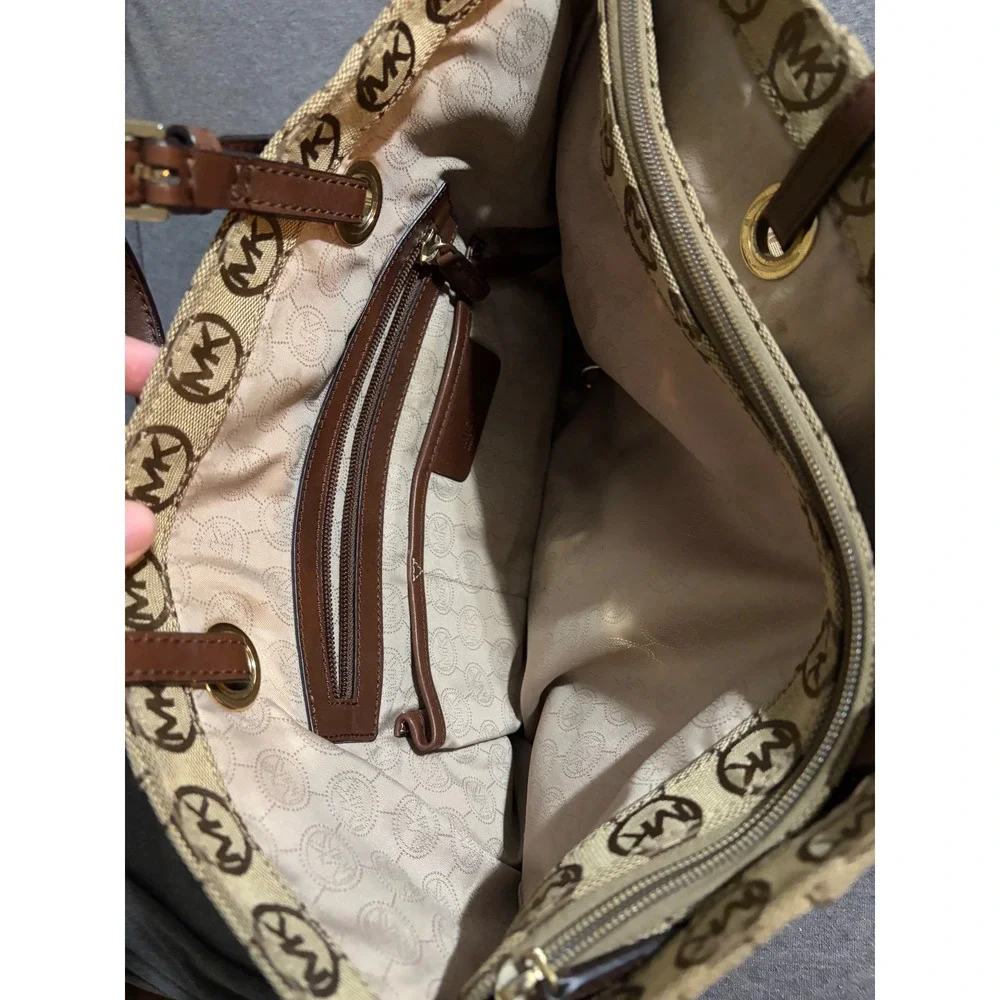 Michael Kors Signature Monogram Tote Bag Brown Jacquard Leather Trim Gold HW
